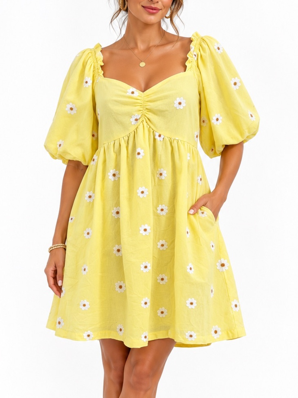 Altar'd State 100% Cotton Yellow Daisy Embroidered Puff Sleeve Babydoll Dress L